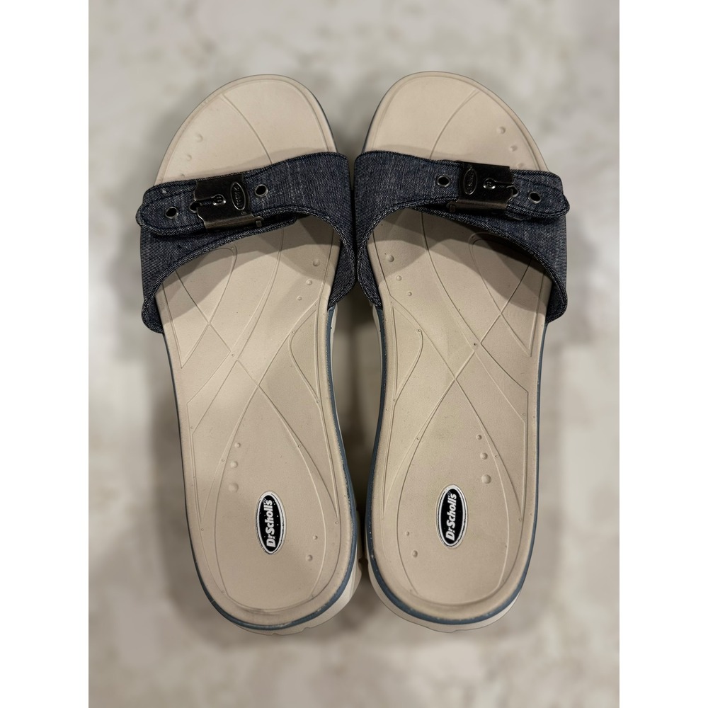 Dr. Scholls Blaine Denim Chambray Casual Slide Sandals‎ Blue Buckle Womens 8M